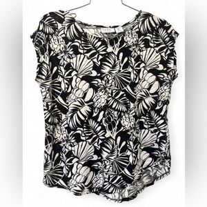 Nicole Miller Linen Black and White Tropical Print Cap Sleeve Top Size M Boho